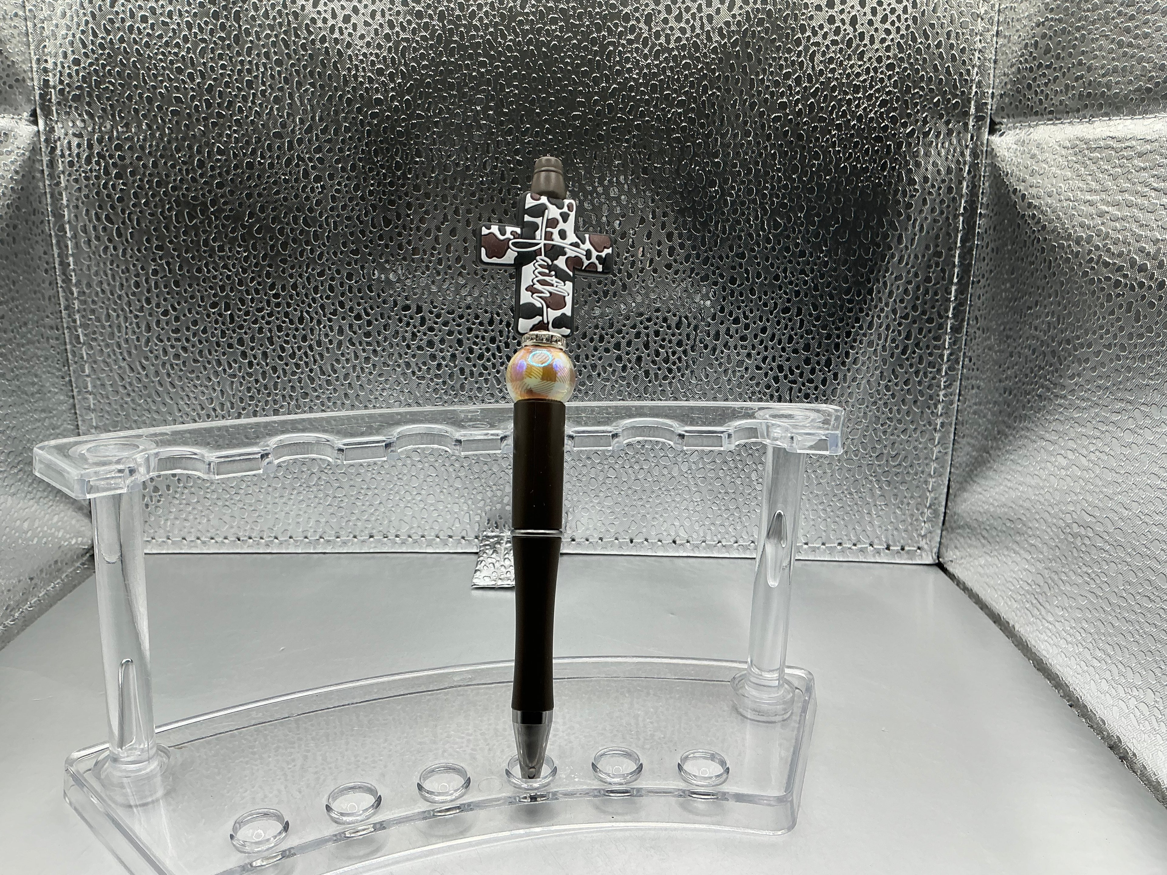 Black and brown cow print faith cross pen (black ink)