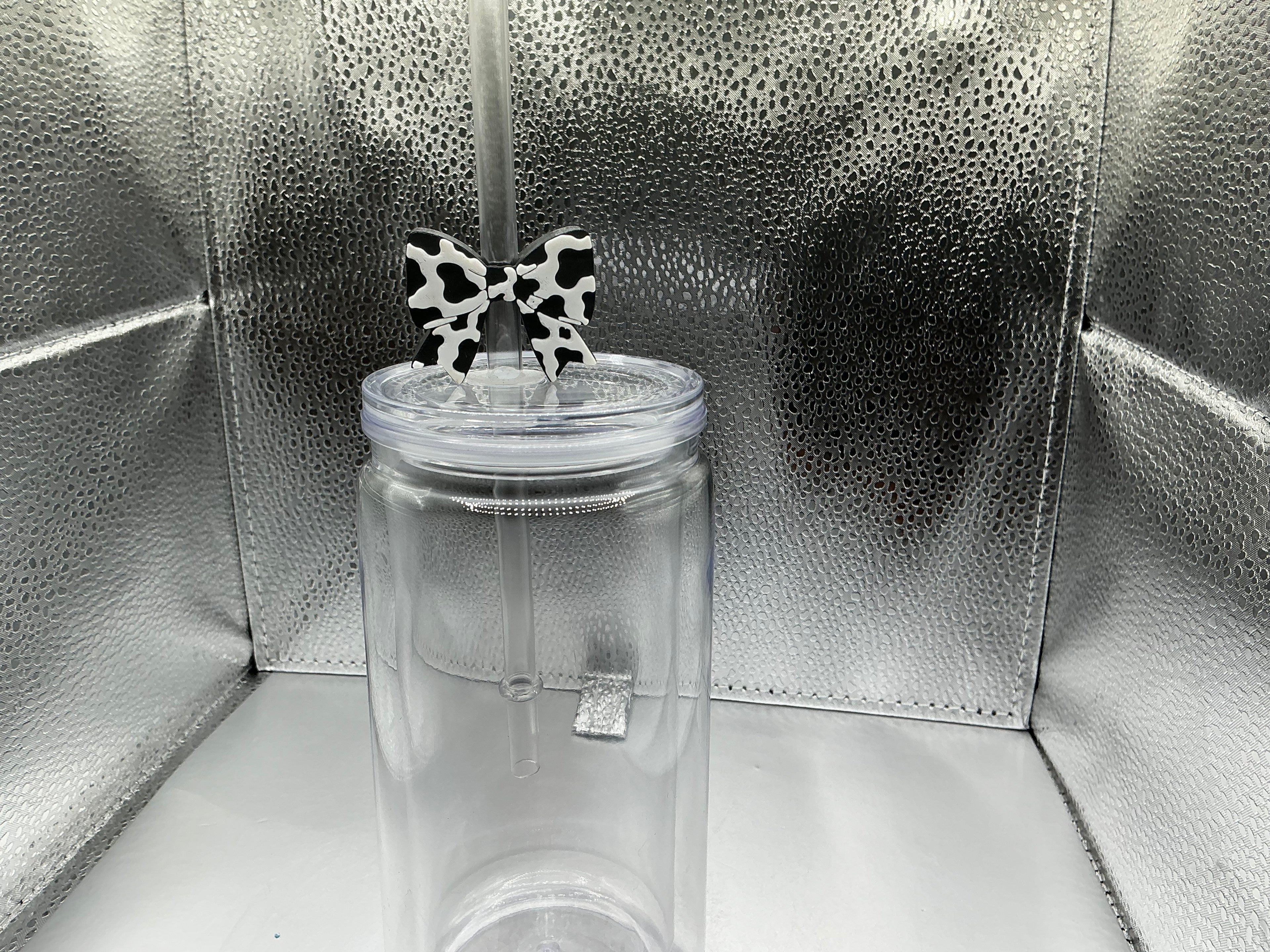 Cow print bow straw topper