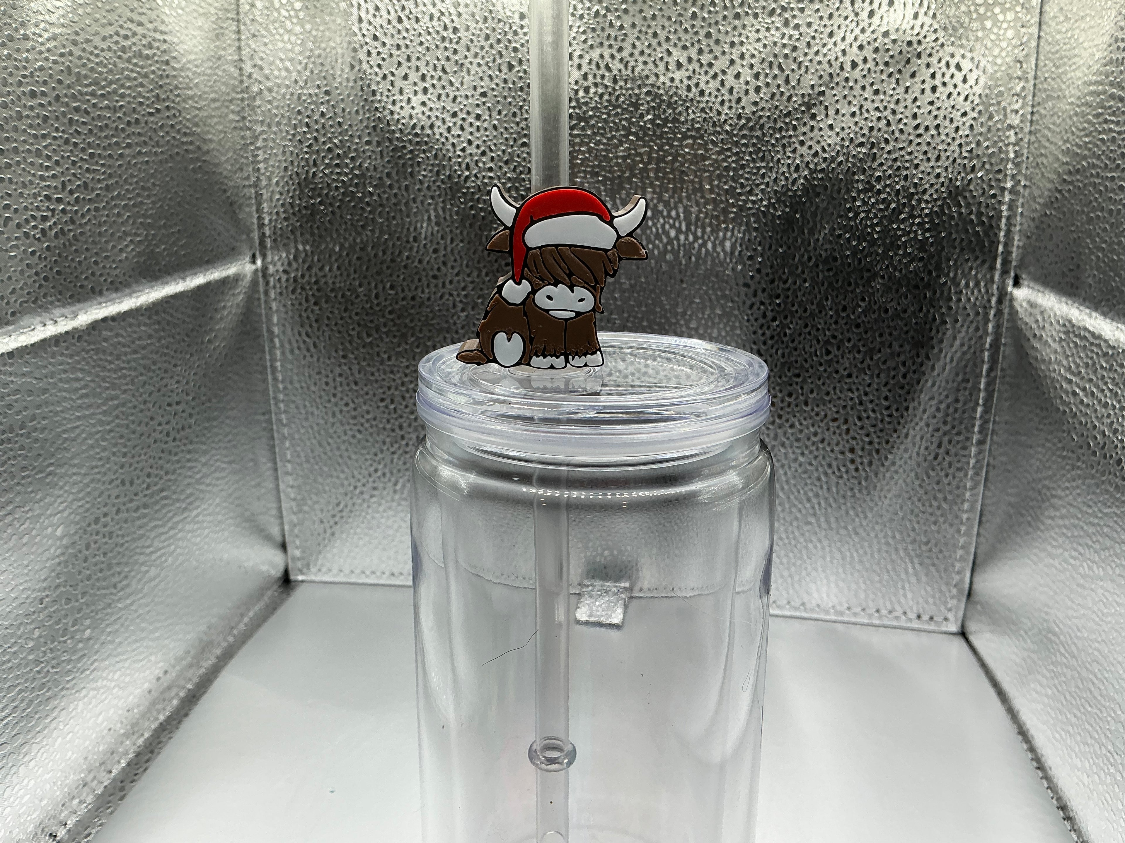 Highland cow with santa hat straw topper