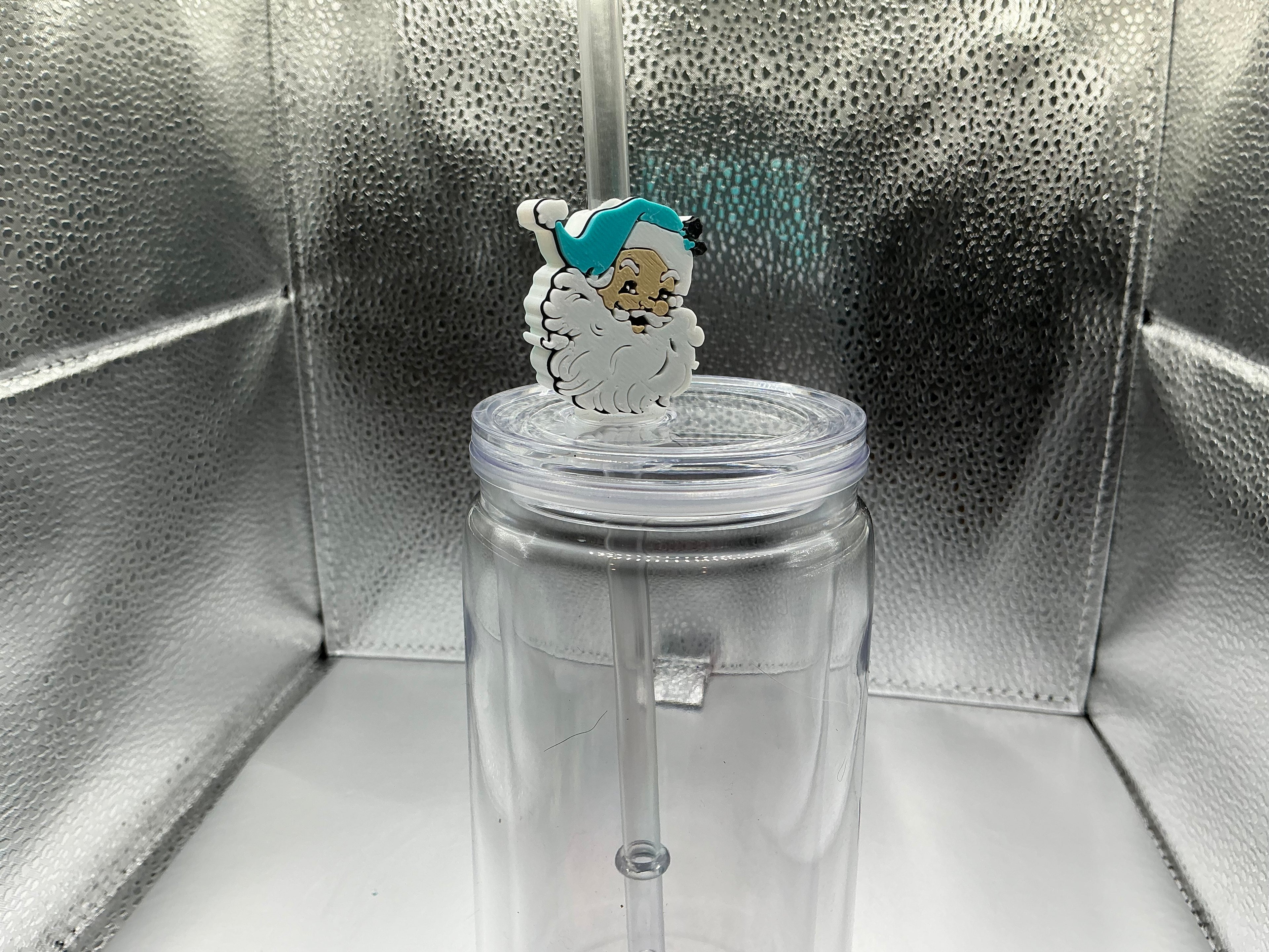 Santa with teal hat straw topper