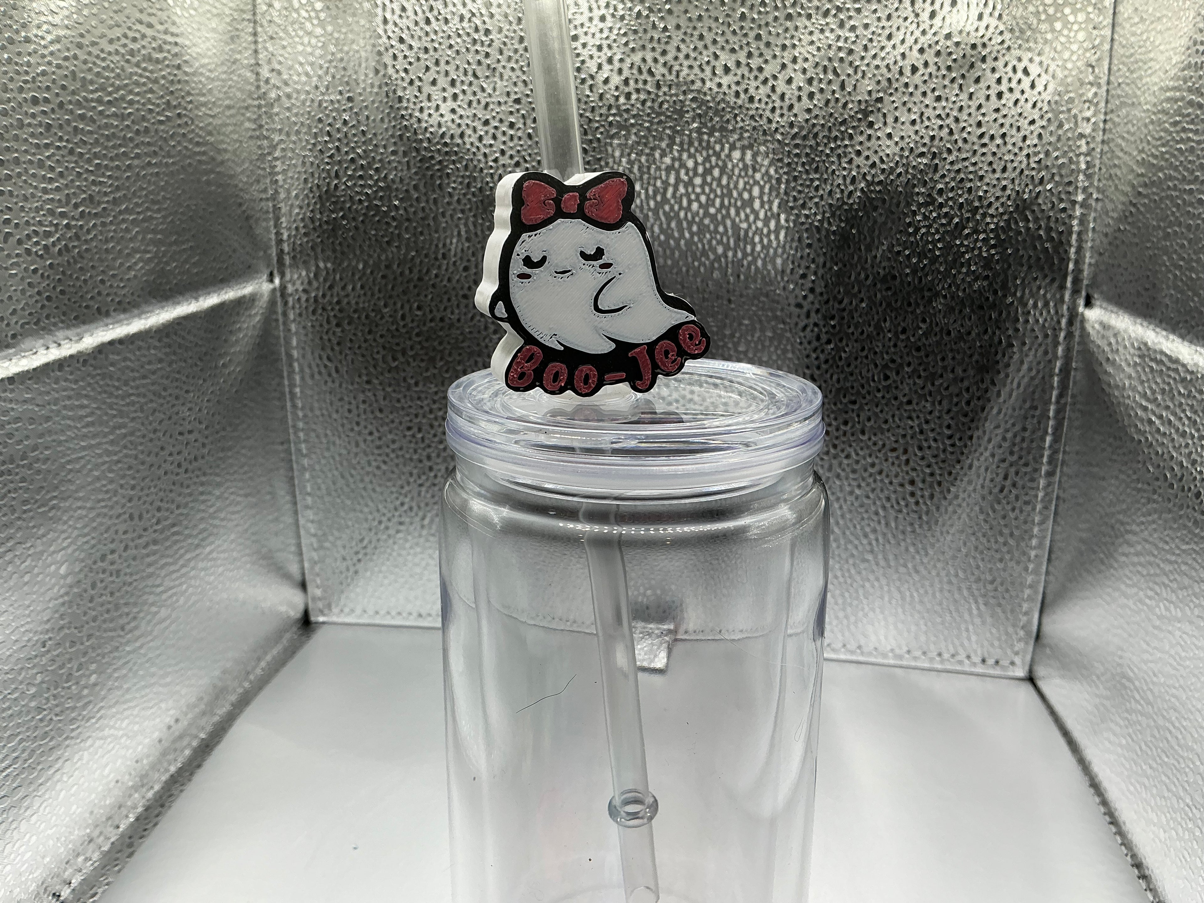 Ghost with pink bow straw topper