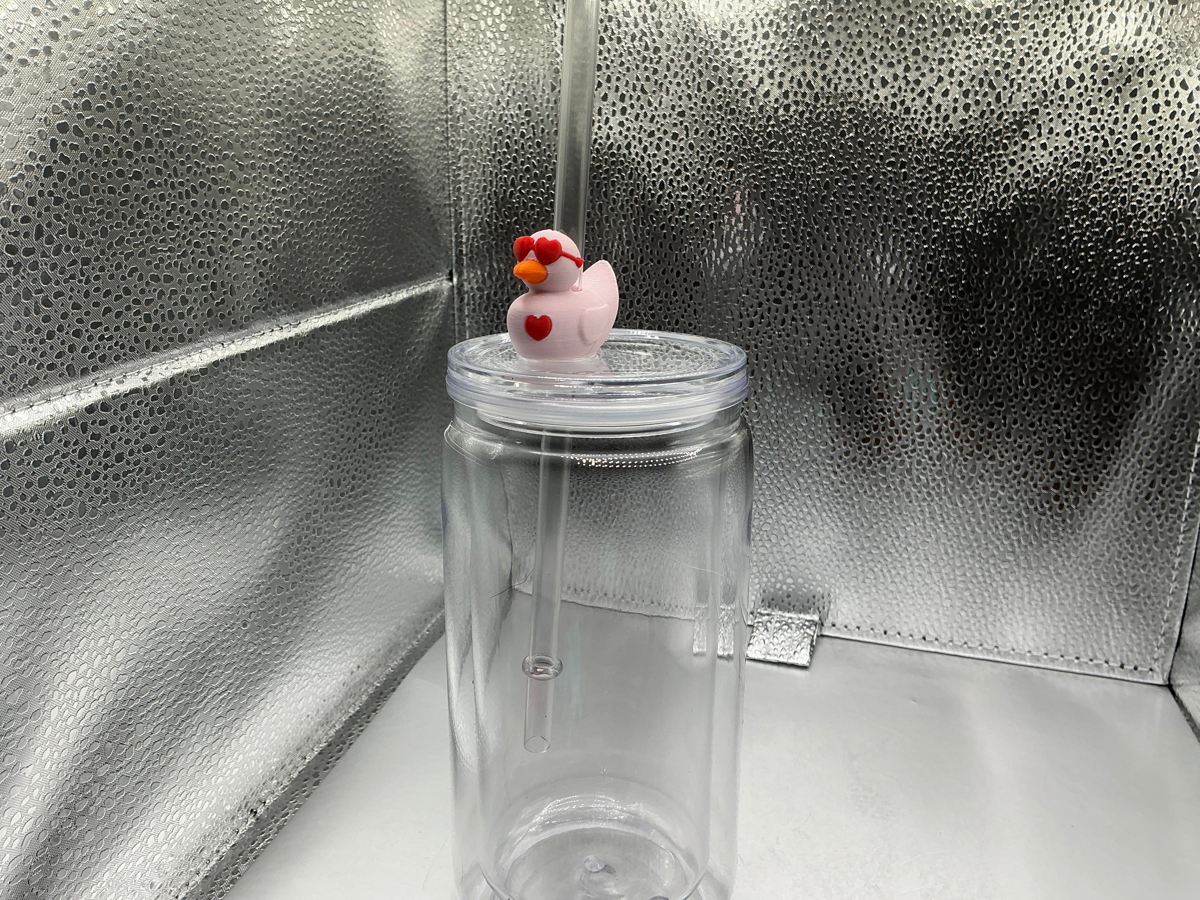 Pink duck with heart sunglasses straw topper