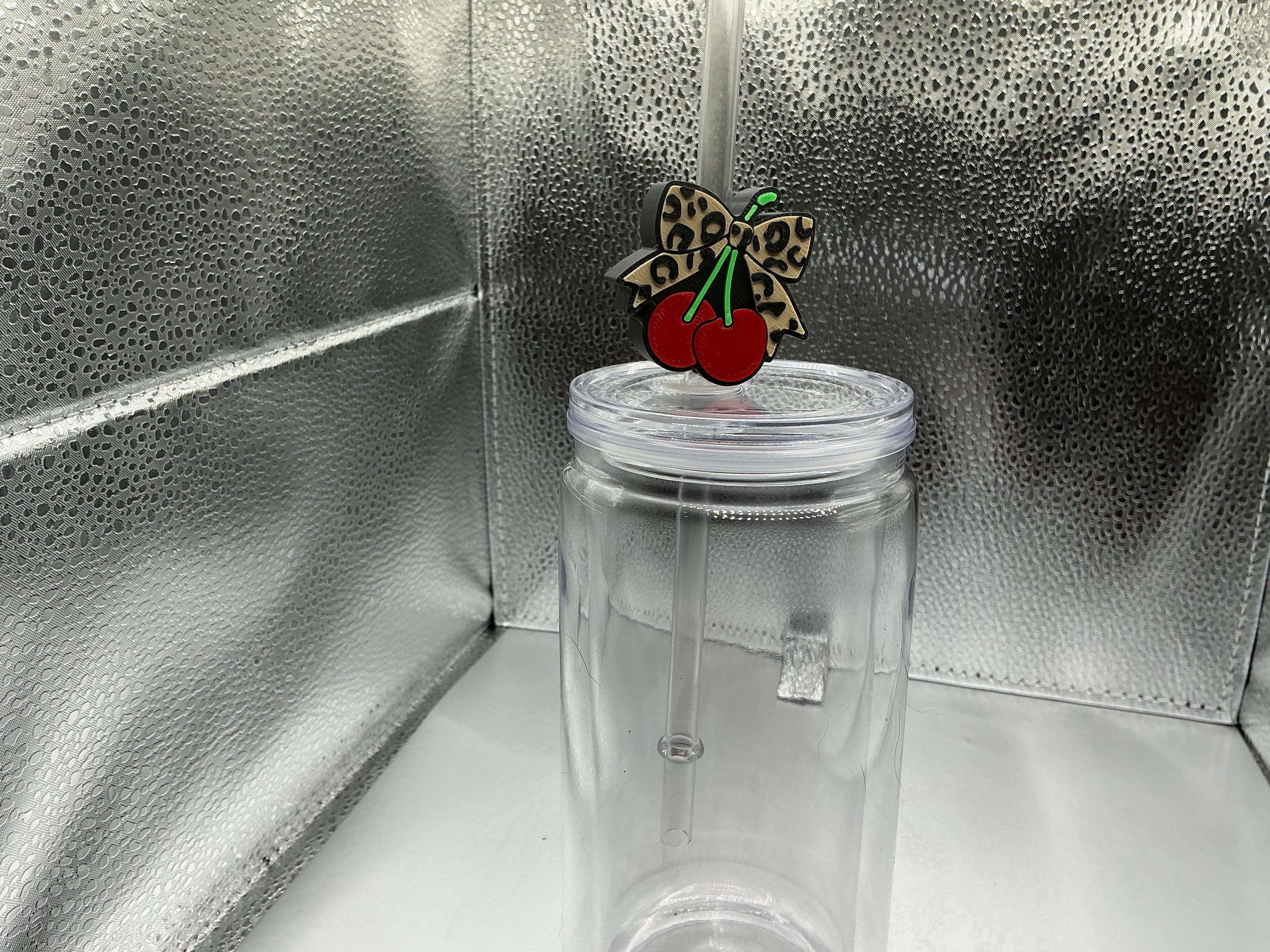 Cherry with cheetah print bow straw topper
