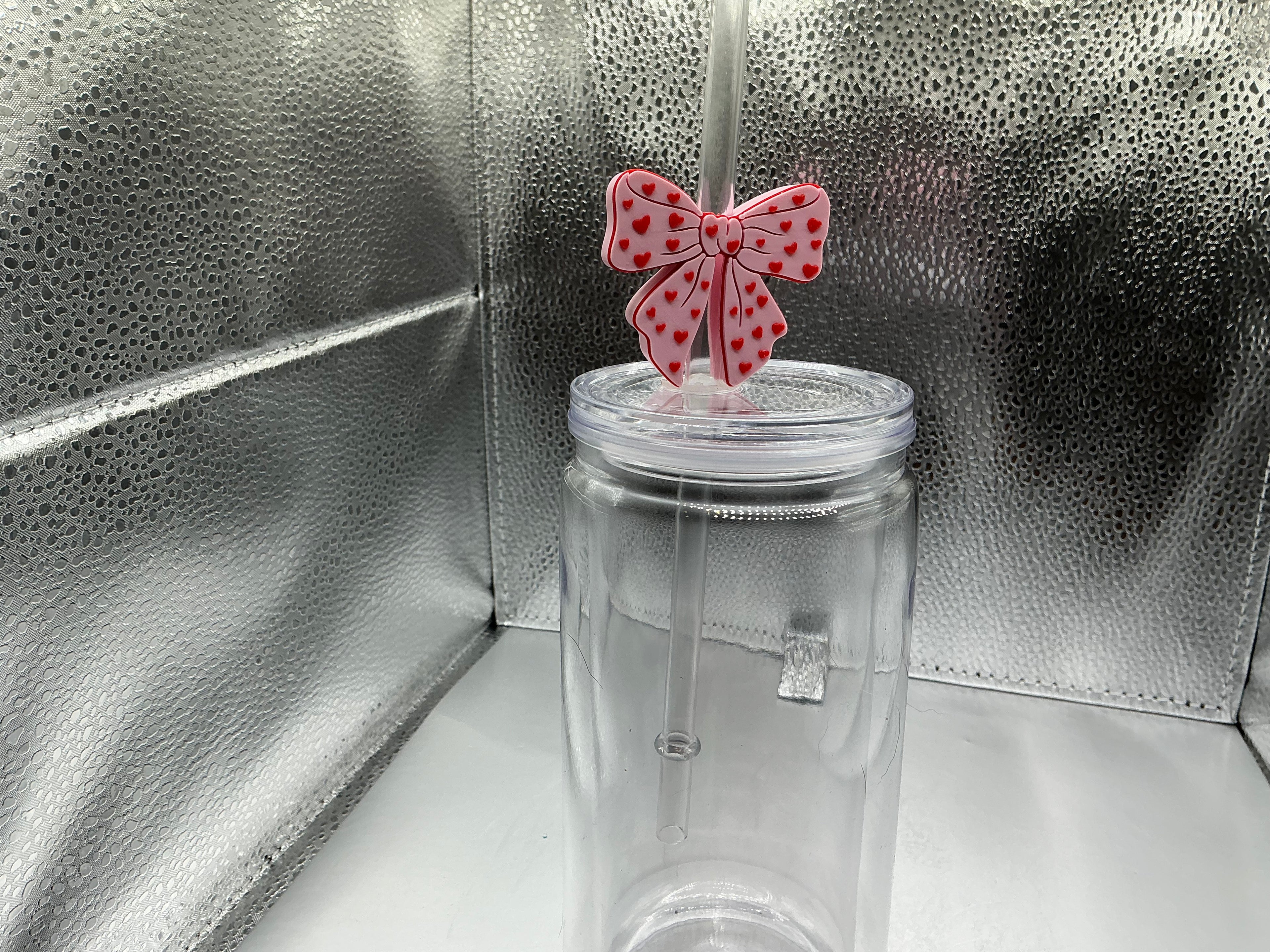 Pink bow with red hearts straw topper