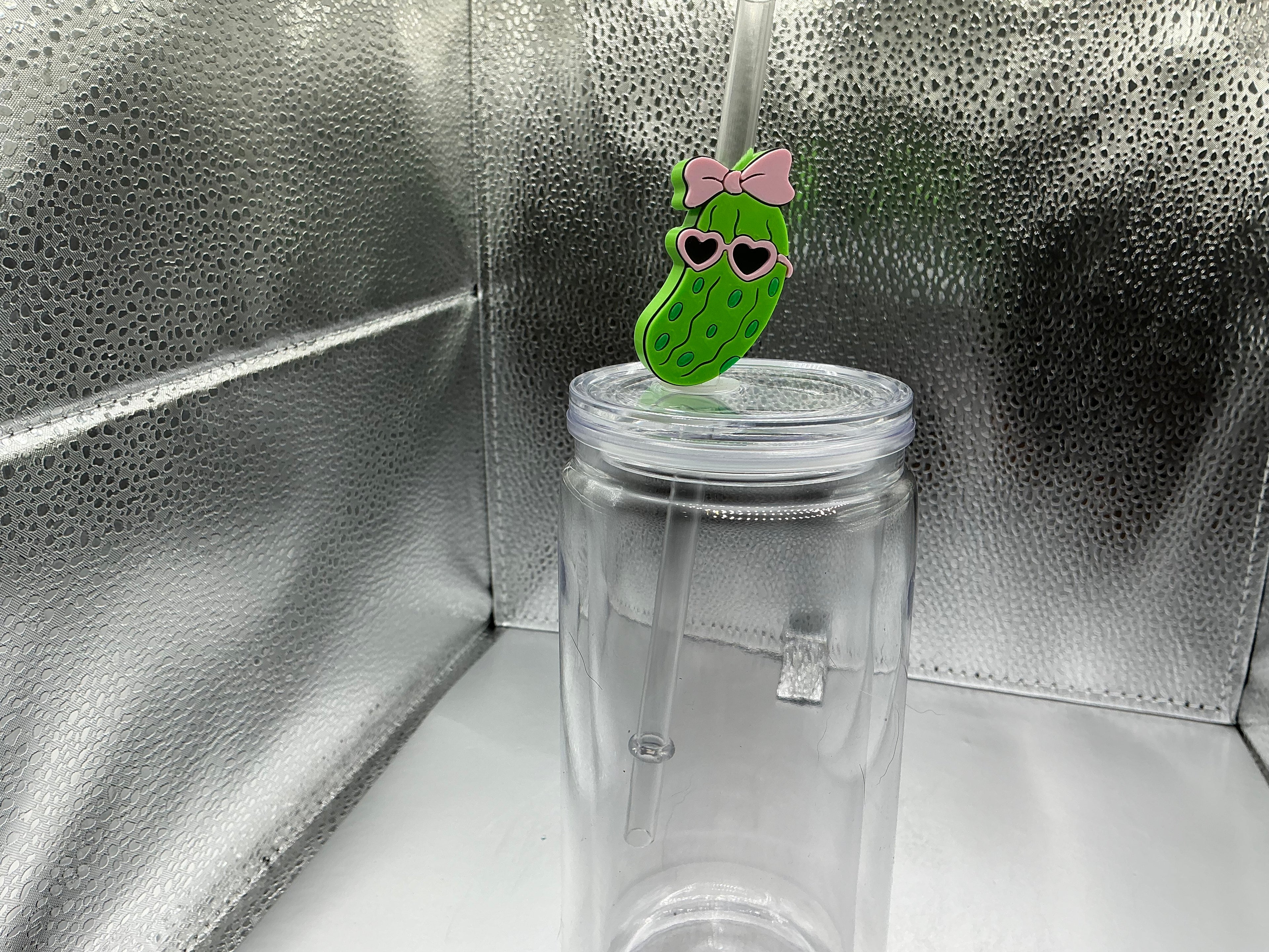 Pickle with heart sunglasses and pink bow straw topper