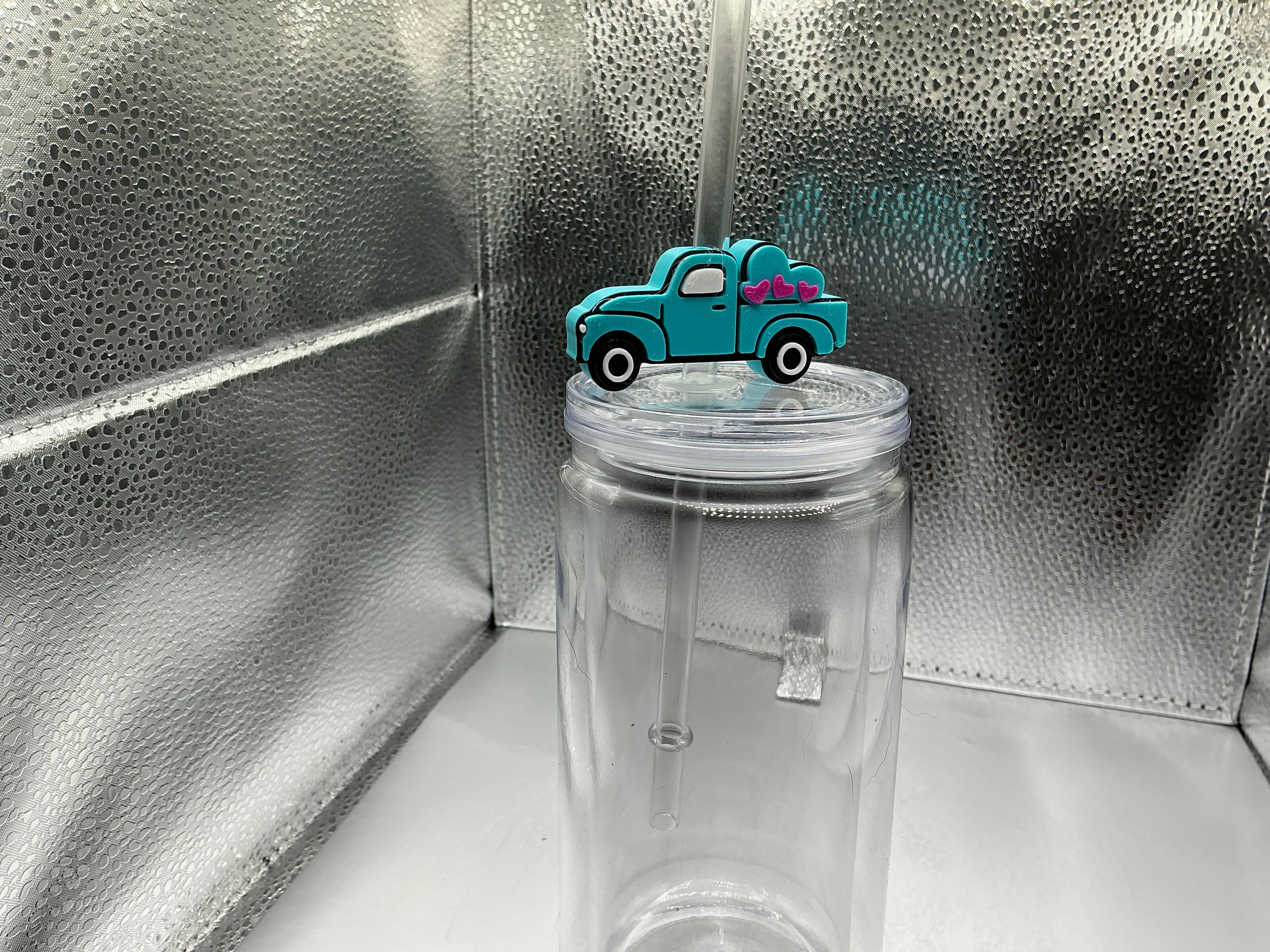 Teal truck with pink hearts straw topper