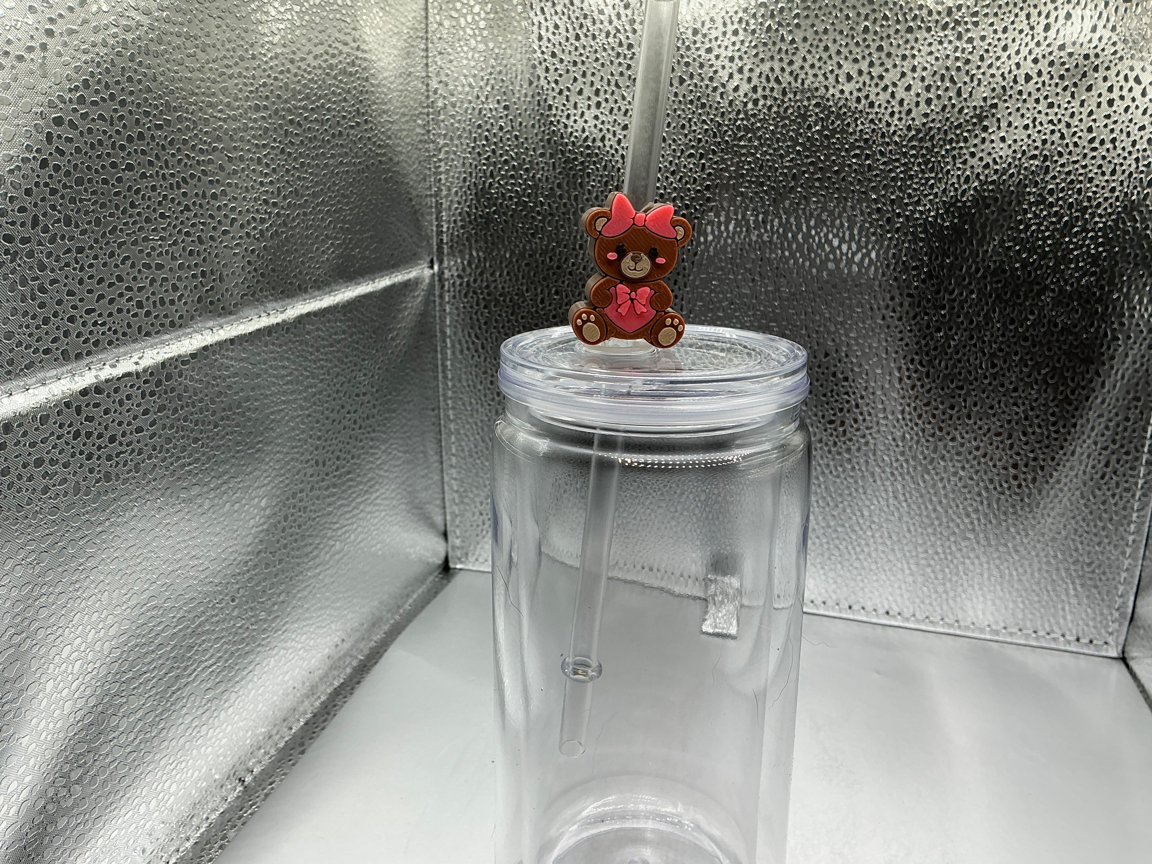 Teddy bear with pink heart straw topper