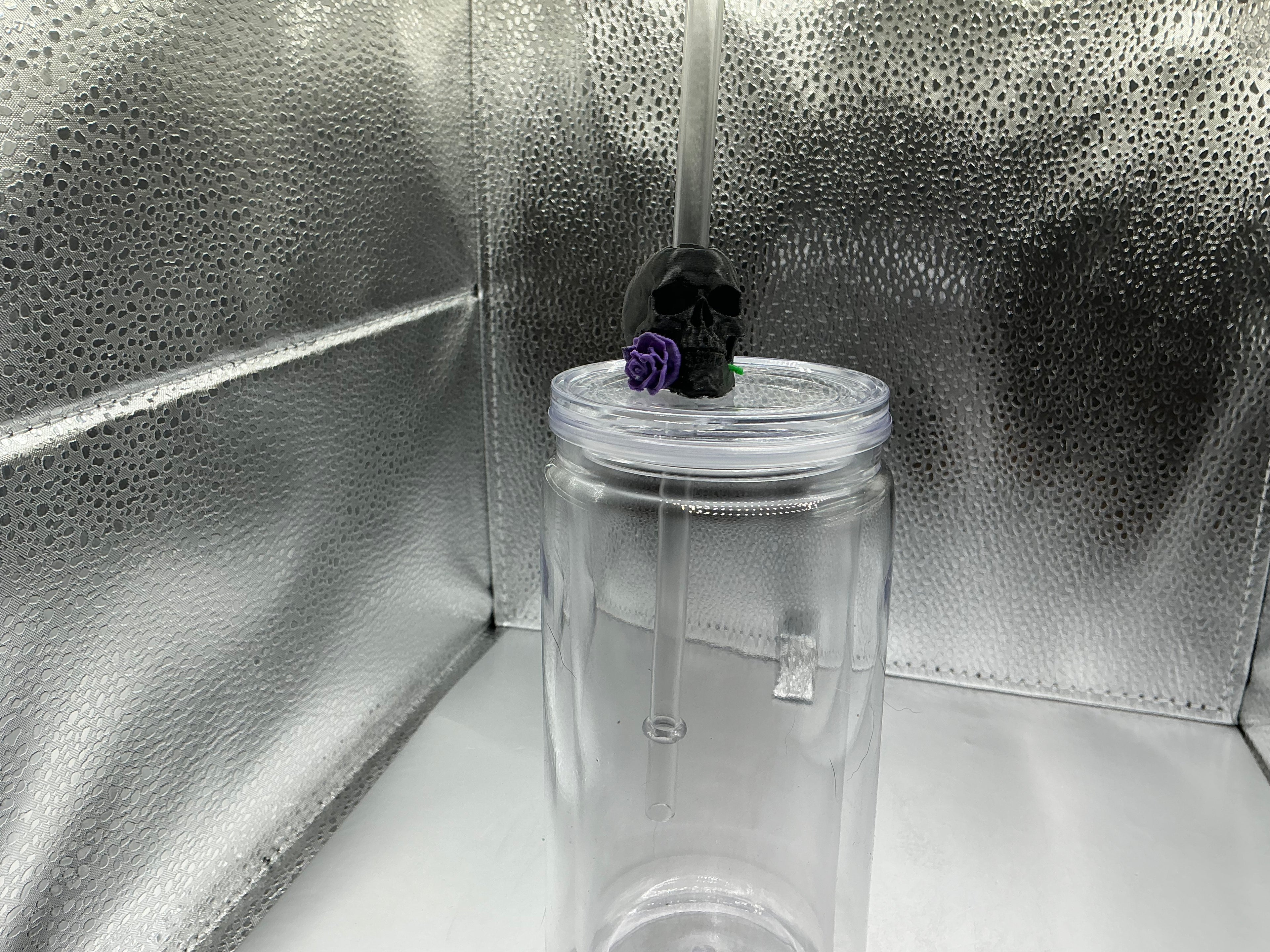 Black skull with purple rose straw topper