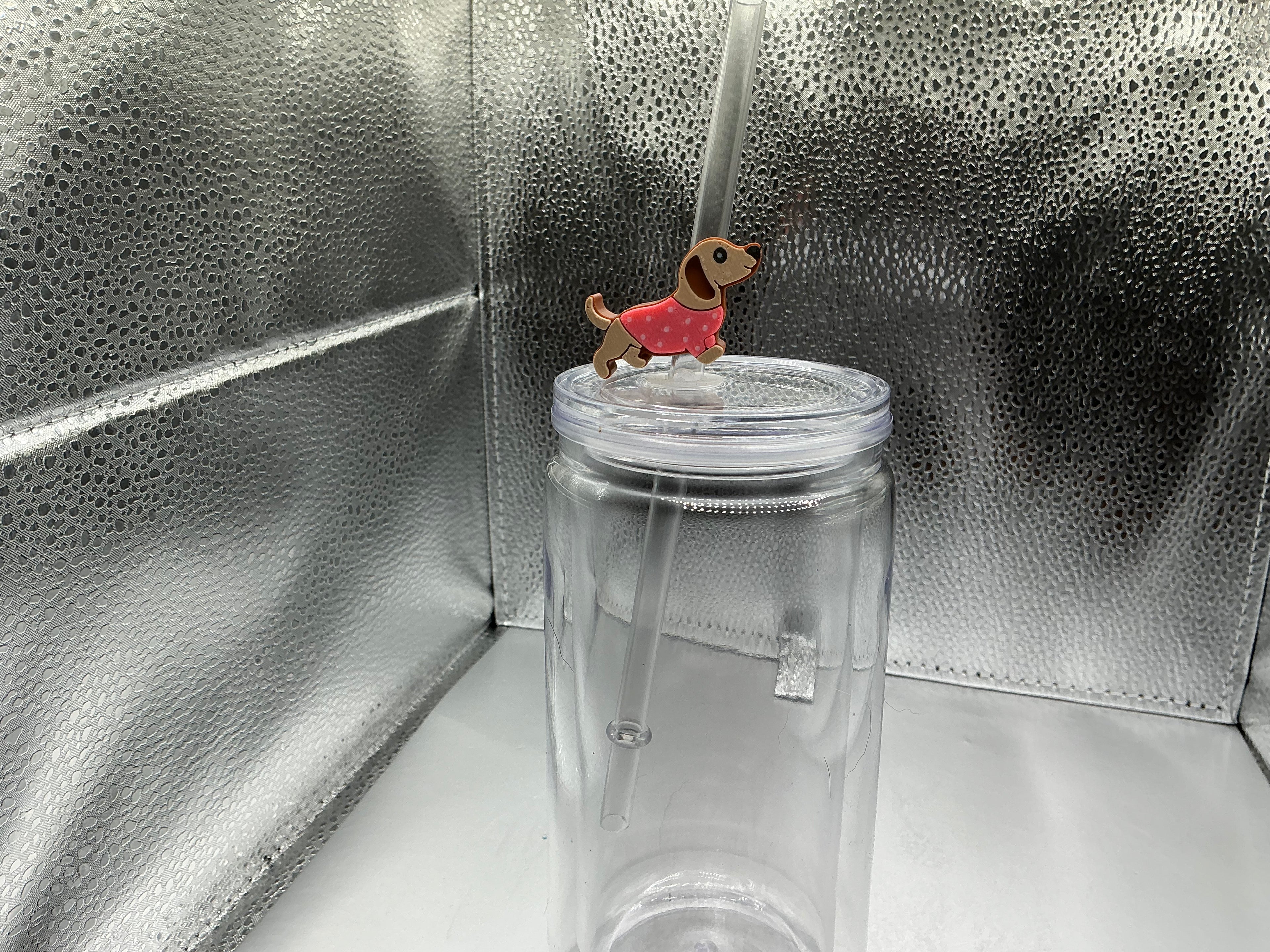 Dog in pink sweeter straw topper